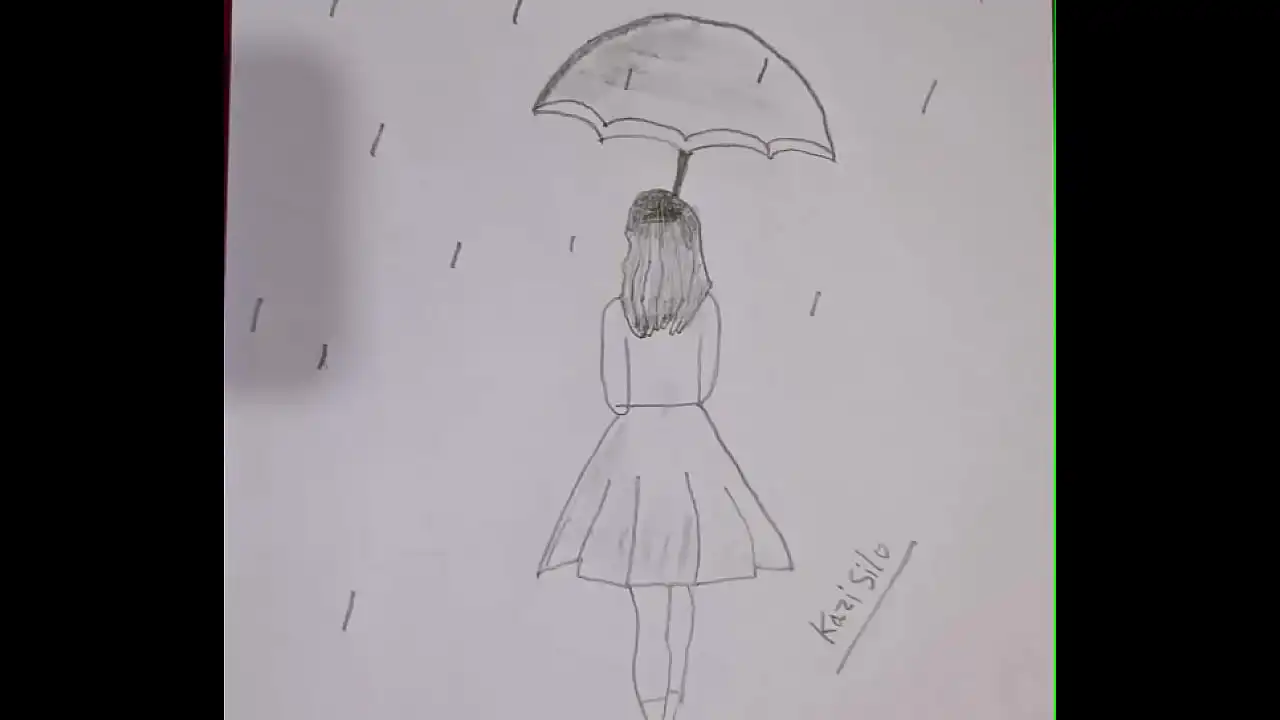 Esboço a lápis desenhando menina com guarda-chuva linda com vídeo